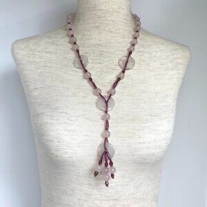 Artisan Pale Pink Purple Jade Crystal Beaded Tassel Y Necklace 25" + 5" Pendant